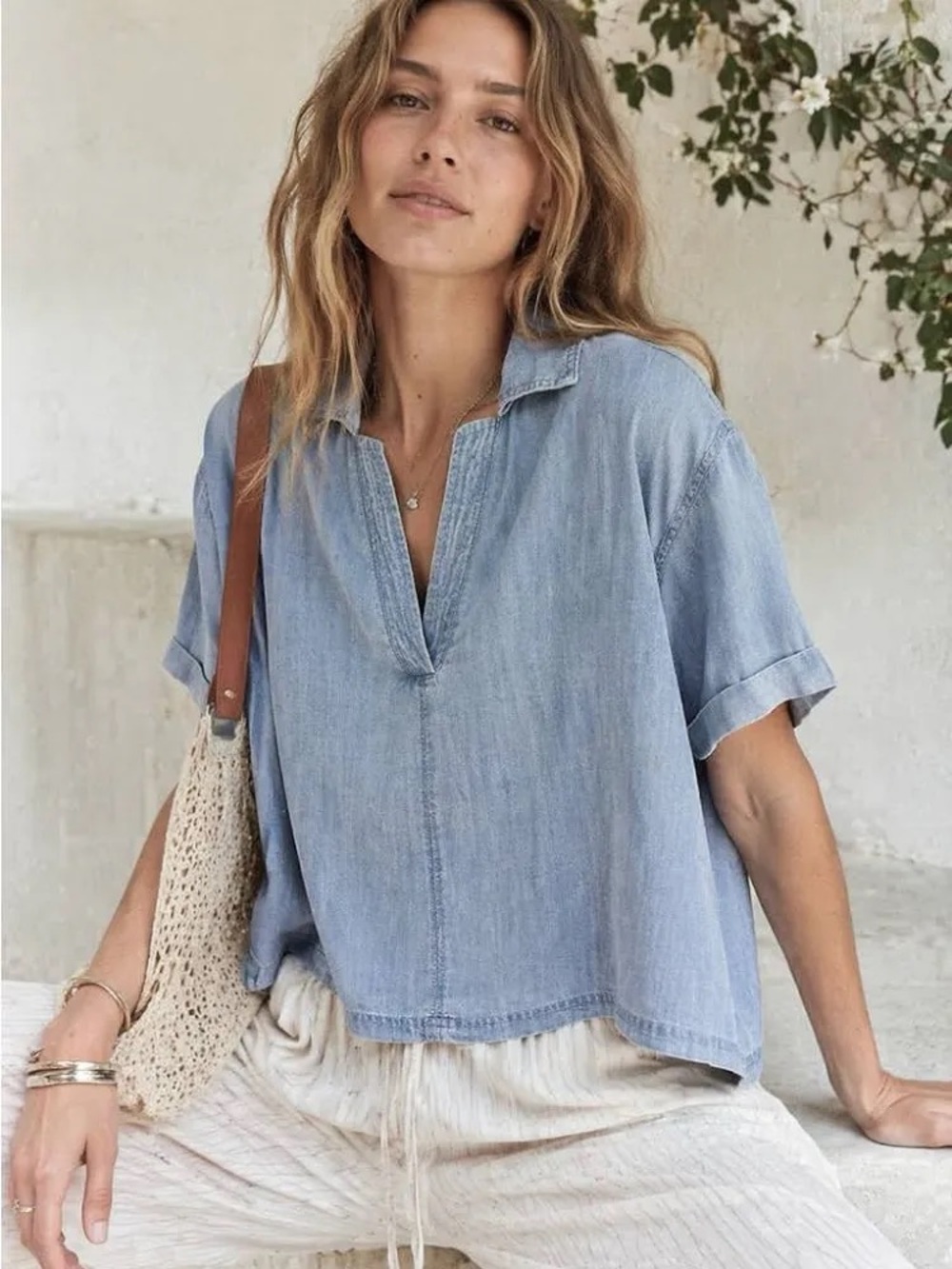 Splendid Light Blue Denim V-Neck Short Sleeve Tunic